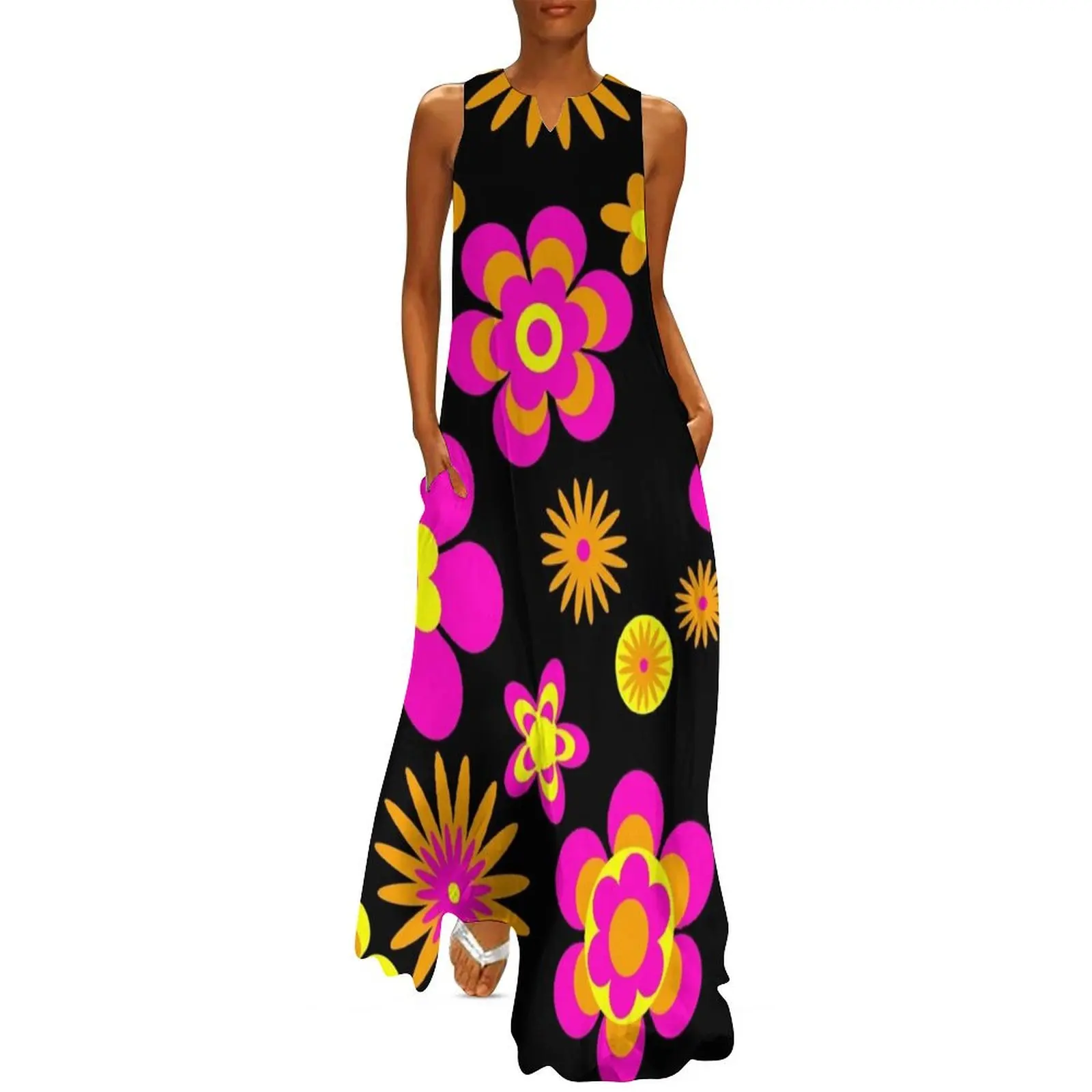 

Seventies Look Floral Pattern 3 Black Background Long Dress cocktail dresses dresses korean style