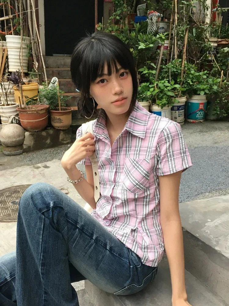 Tonngirls American Retro Plaid Shirt Women Short Sleeve Slim Shirt And Blouse Streetwear Y2k Vintage Tops Japanese 2000s Tshirts image 4