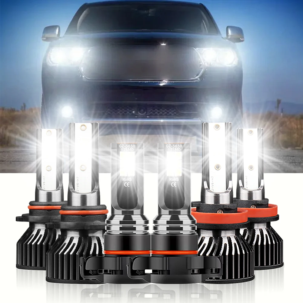 For Dodge Durango 2011 2012 2013 LED Headlight Bulbs 18000LM Car Automotive High Low Beam 9005 H11 5202 Fog Lamps Combo 6PCS Kit