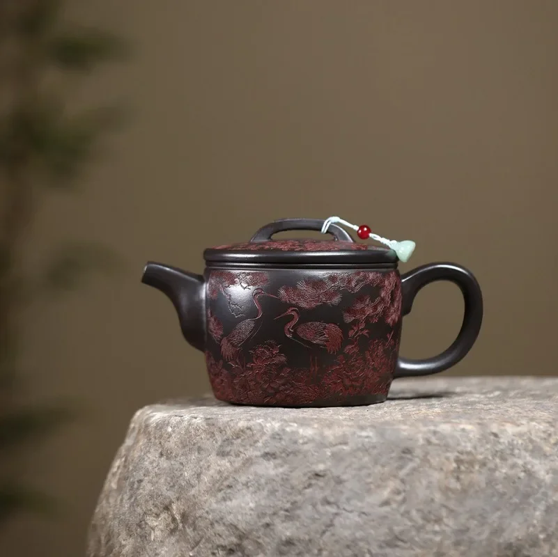 Large-Capacity Yixing Zisha Teapot Made From Raw Ore, Featuring A “Crane Symbolizing Longevity” Teapot