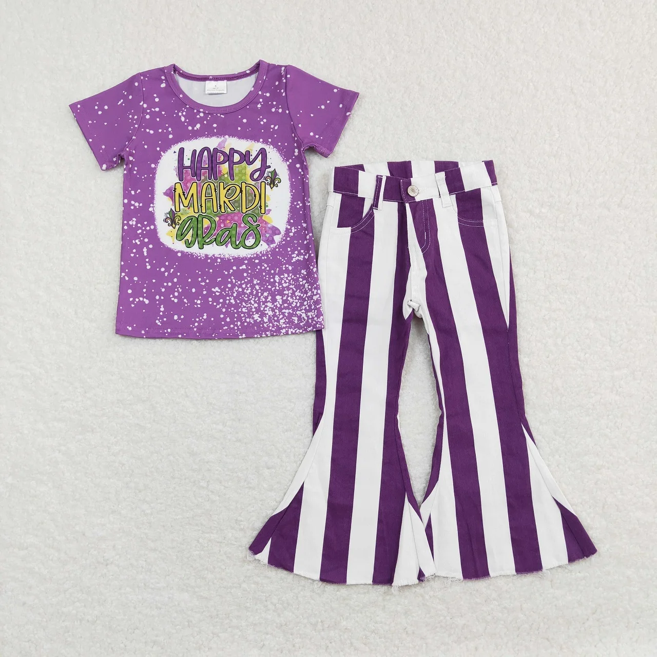 Wholesale Infant Mardi Gras Set Clothing Children Toddler Purple Short Sleeves Shirt Denim Pants Kids Infant Outfit