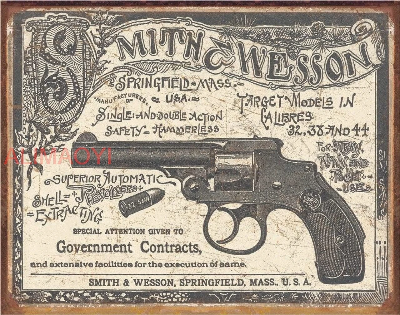 Desperate Enterprises Smith & Wesson - 1892 Government Contracts Tin Sign - Nostalgic Vintage Metal Wall Décor - Made in ALA