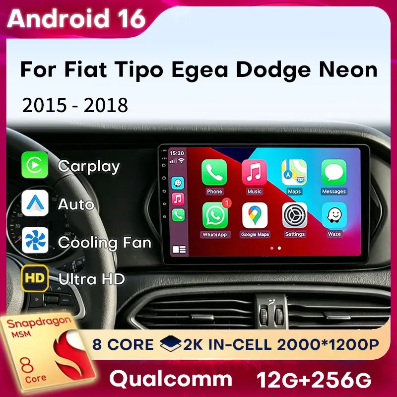 Android 16 Para Fiat Tipo Egea Dodge Neon 2015 - 2018 Rádio Automotivo Wireless Carplay Android Auto 2K Reprodutor Multimídia de Vídeo Estéreo