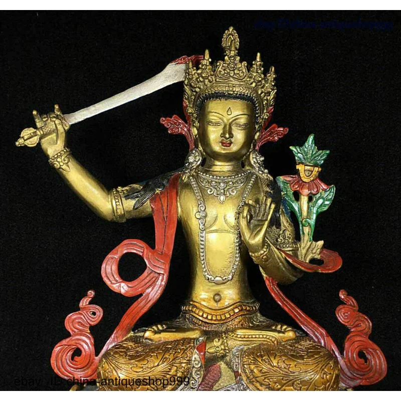 China Buddhism Temple Color Painting Bronze Gilt Kwan-Yin Buddha Statue 0501