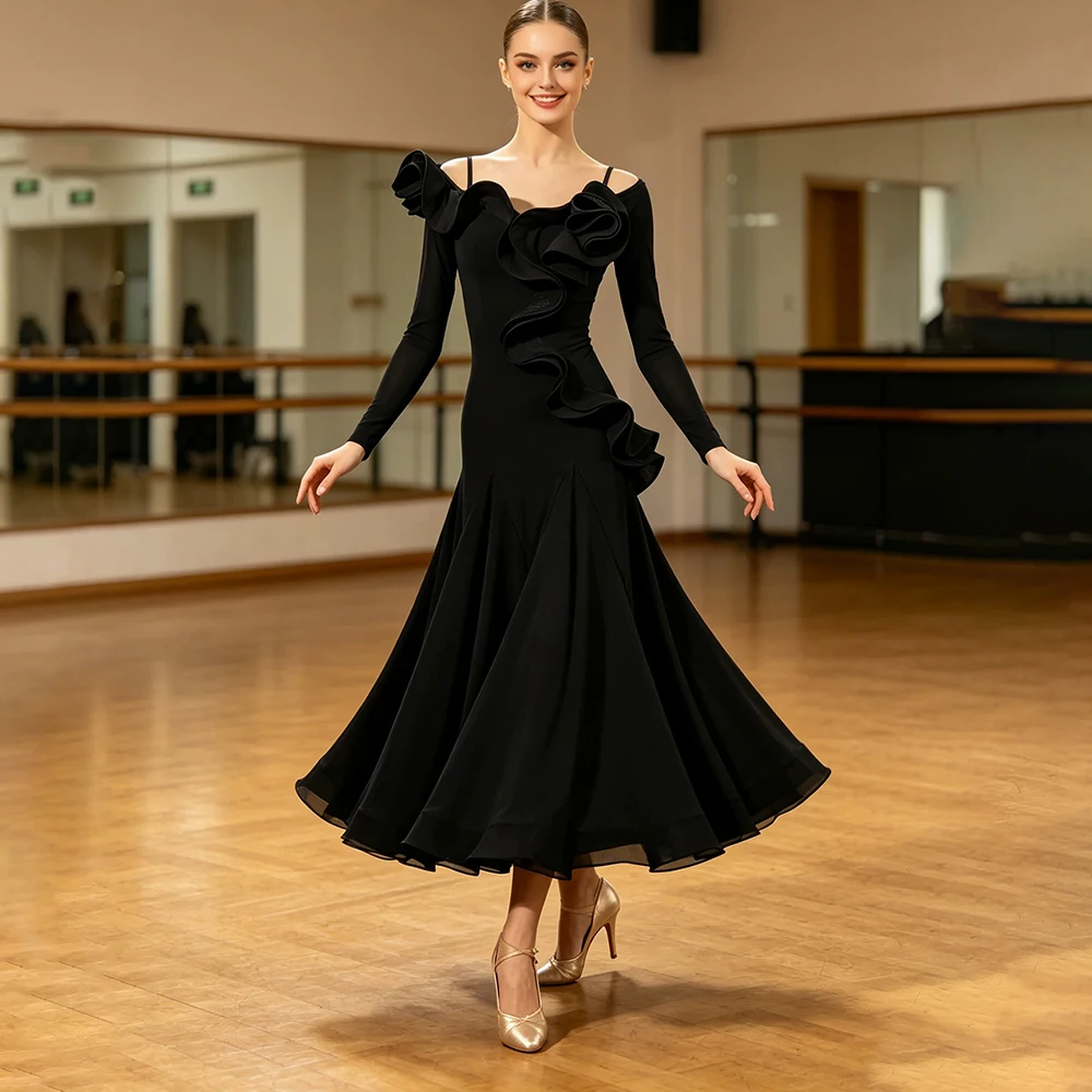 

Women Elegant Ruffle Modern Dance Dress Off Shoulder Long Sleeve Black Ballroom Waltz Tango Competition Dress