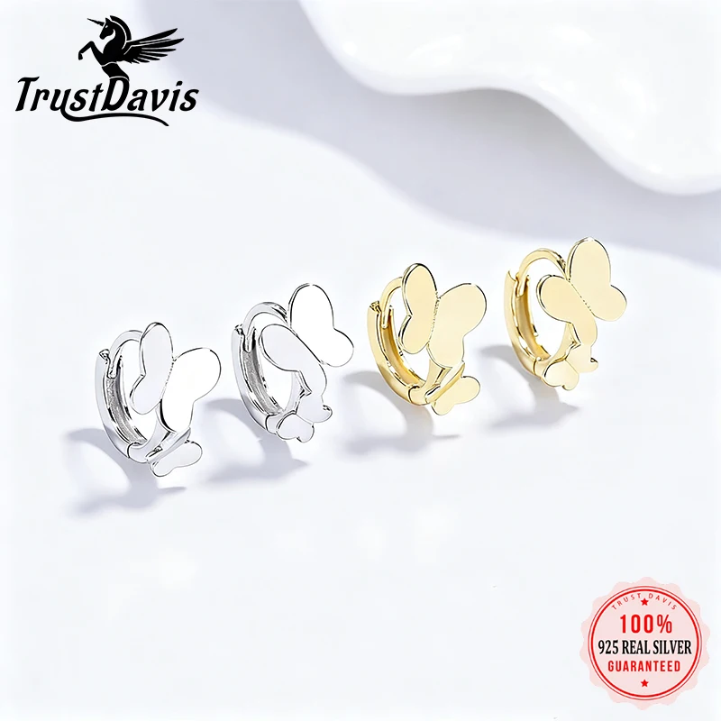 

TrustDavis 925 Sterling Silver Double Butterfly Smooth Fine Hoop Earrings for Fine Jewelry Accessory Women's Birthday DA1997
