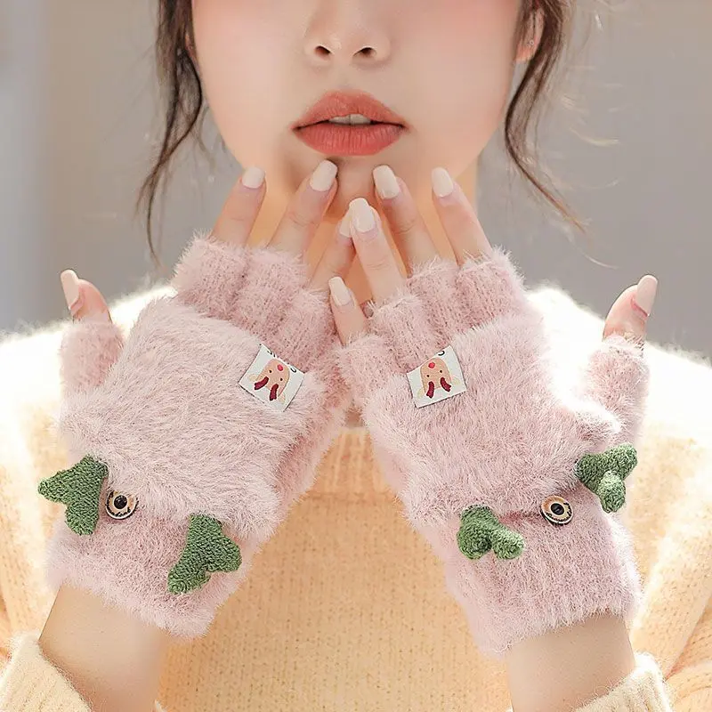 Plush Lined Christmas Reindeer Gloves for Women and Girls, Half Finger Flip Style