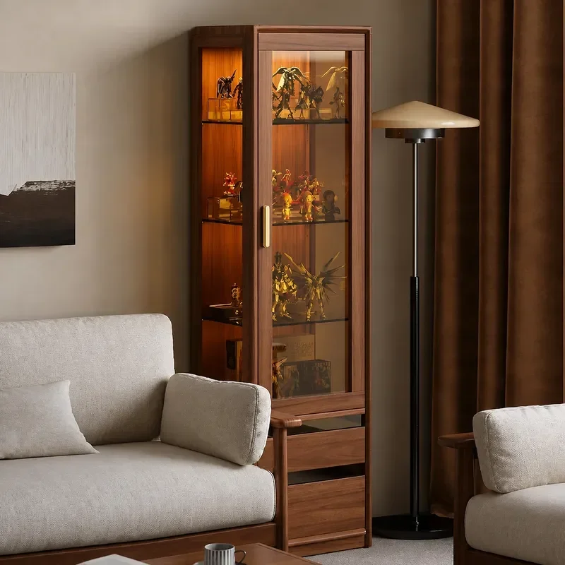 Solid Wood Display Cabinet Retro Black Walnut Wine Cabinet Figure Display Living Room Storage Cabinet Simple Model Display