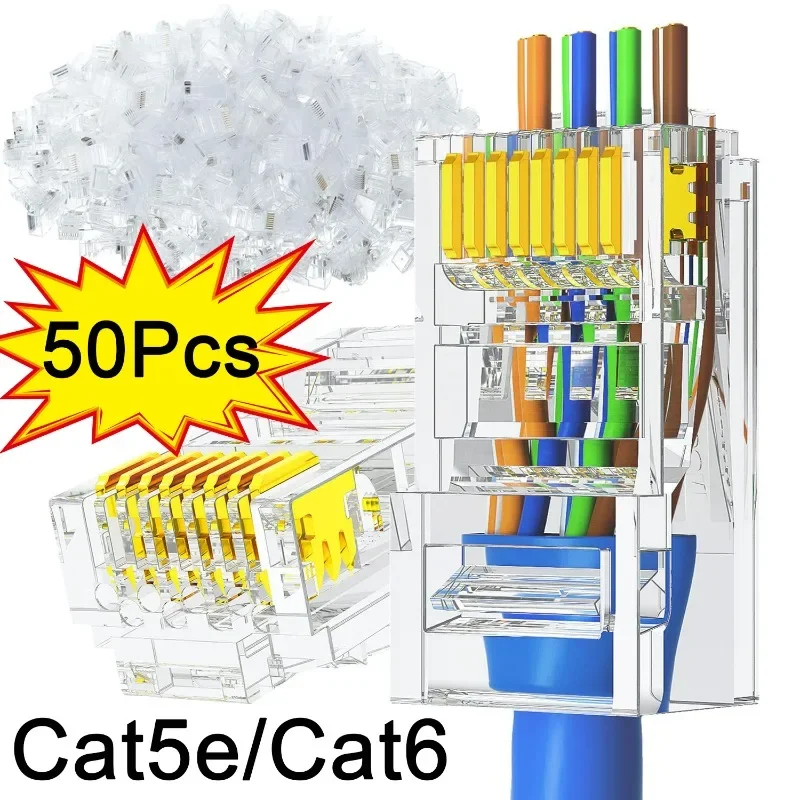 RJ45 Connector Cat6/ Cat5e RJ45 Pass Through Ethernet Cable Connector UTP Network Plug for Solid Wire or Stranded Ethernet Cable