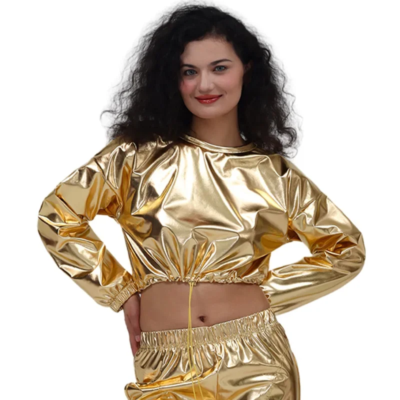 Metallic Crop Top Drawstring Women Hip Hop Dance Clothes Kpop Outfit Stage Performance Nightclub Party Rave Outfit Girl Group