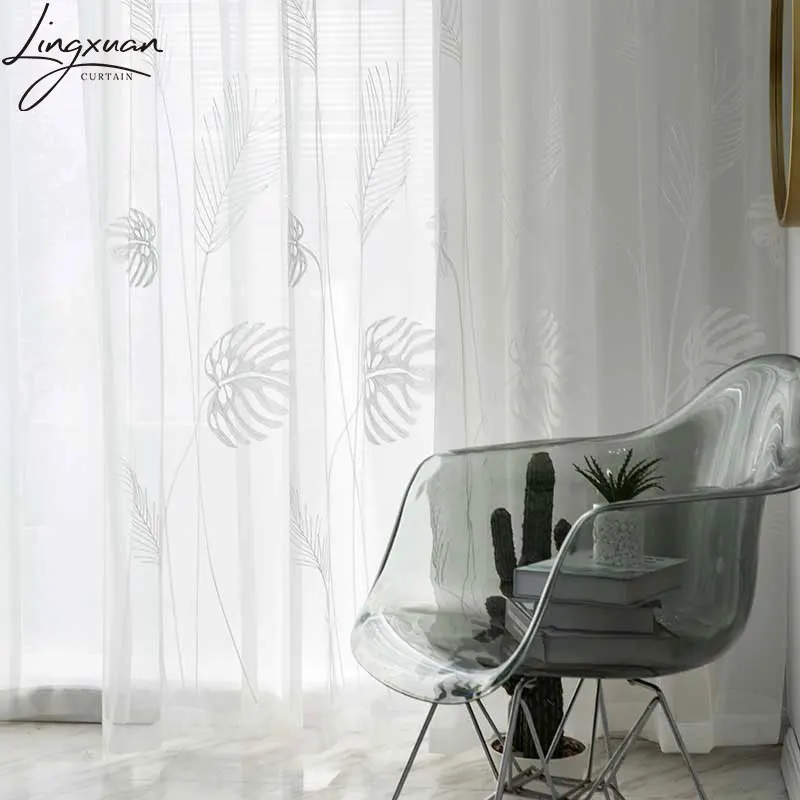 Embroidered Palm Leaves Tulle Window Curtain For Living Room Bedroom Plant Voile Sheer Curtains Kitchen Treatments Panel Drapes