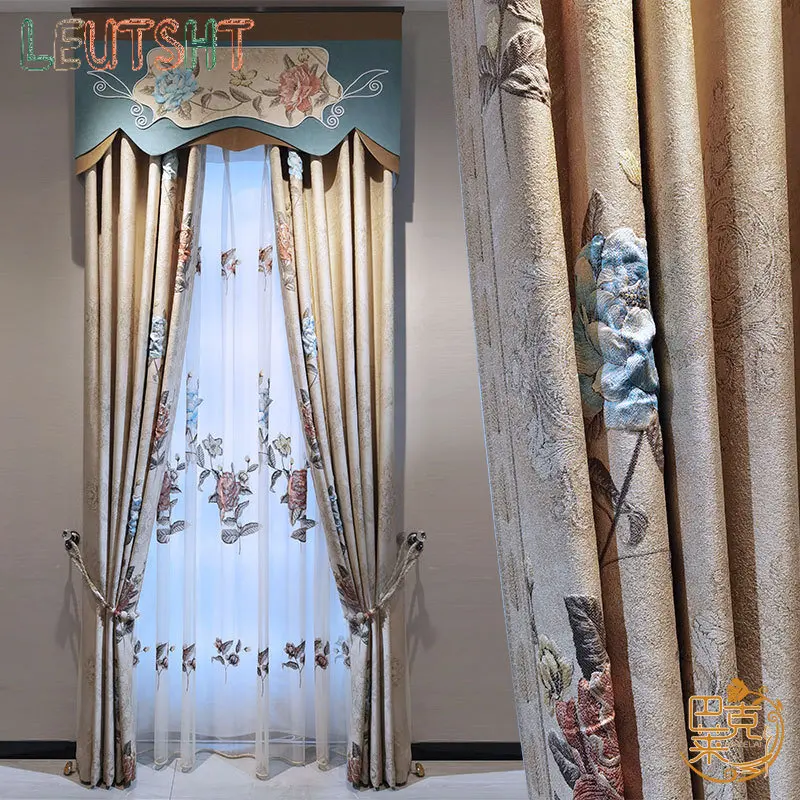 European-style Curtains for Living Dining Room Bedroom Embossed Jacquard Luxury Tulle Mosaic Villa Embroidery Customization