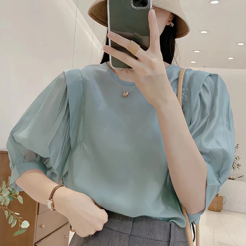 

Women's Half-sleeved Tops Summer Round Neck Loose Casual Shirts Chiffon Material Blouses Slim And Versatile Tops