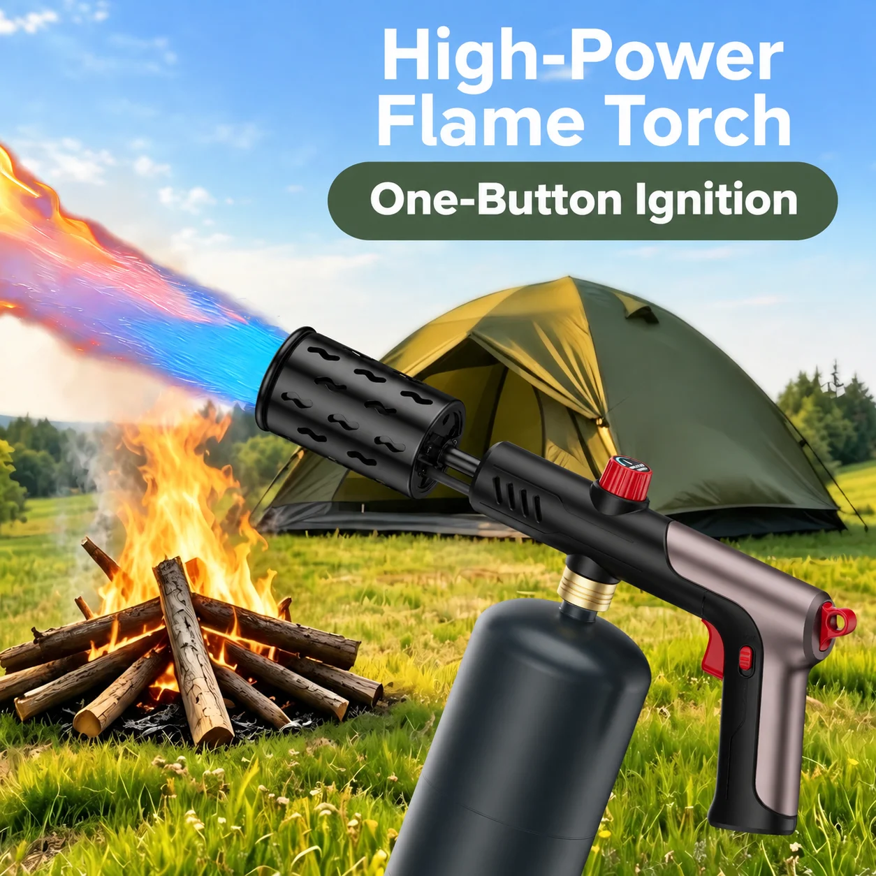 High Power Gas Torch Gun One-Touch Ignition Camping Flamethrower Outdoor Fire Starter Butane Burner for BBQ Cooking Welding New