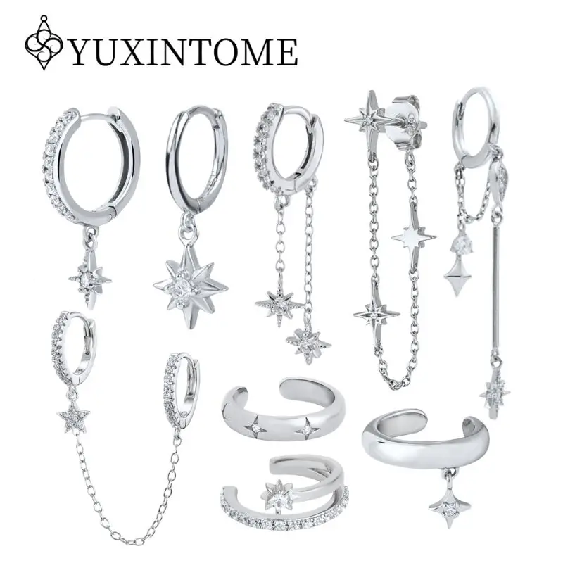 

925 Silver Needle Eight-pointed Star Zircon Pendant Tassel Hoop Earrings For Women Fashion Party Silver Jewelry Jewelry Gifts