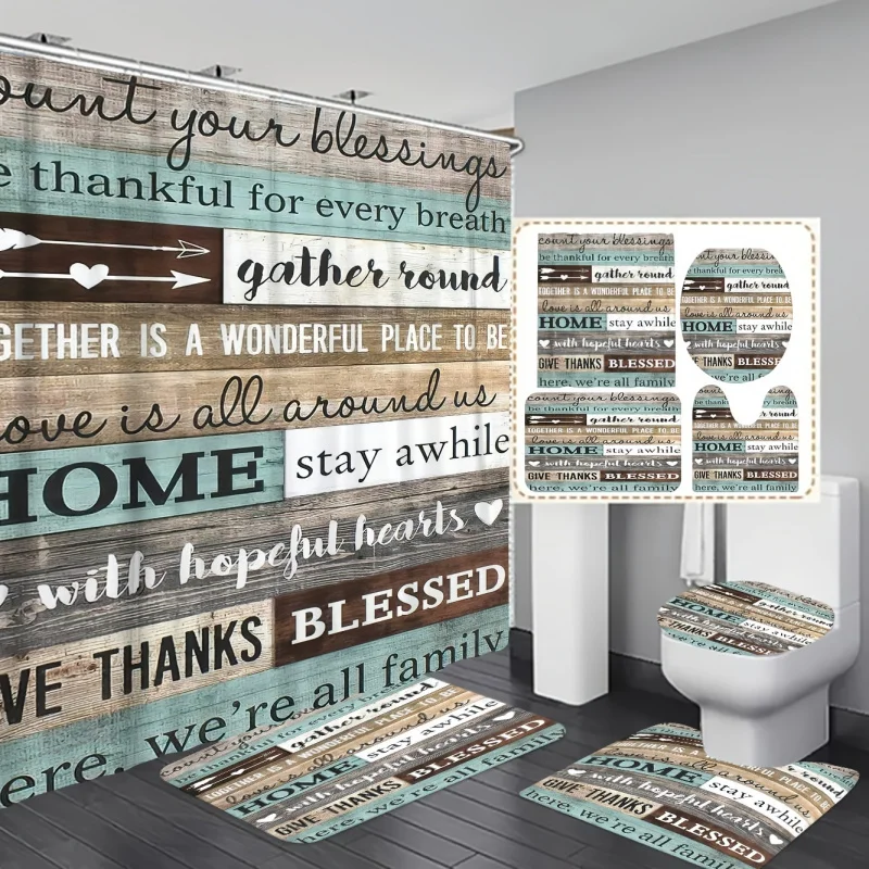 1/3/4pcs Light Blue Wood Grain Letter HOME Style , Shower Curtain With 12 Hooks, Bathroom Rug, Toilet U-Shape Mat,