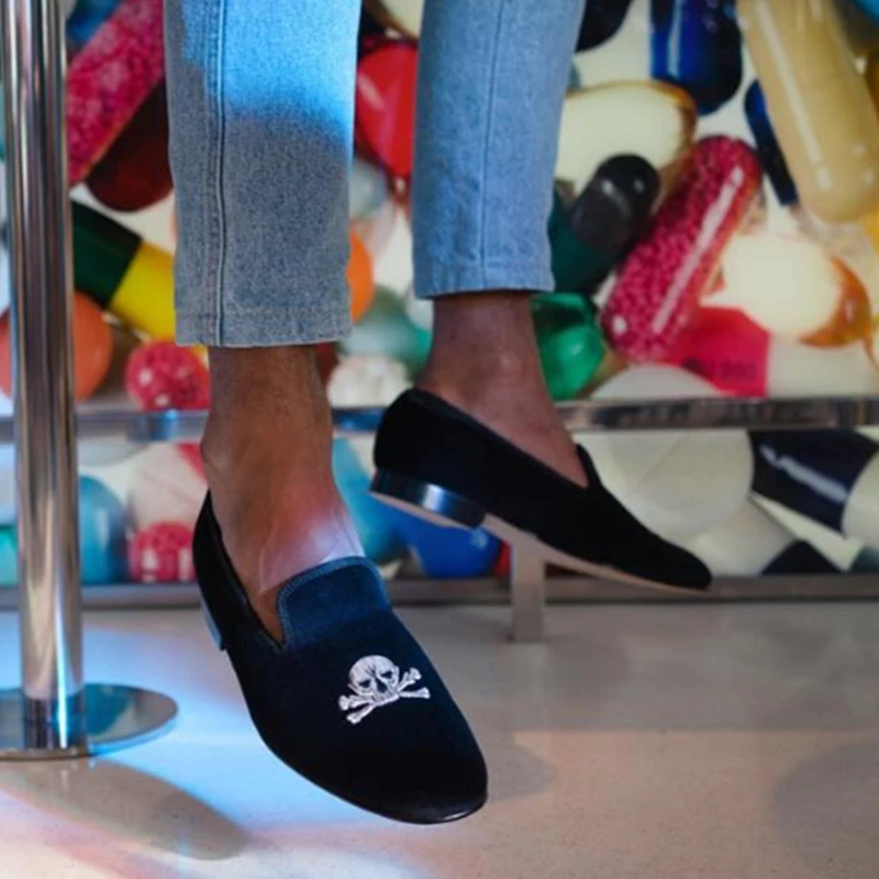 

Piergitar/Винтажные черные бархатные туфли без шнуровки в классическом стиле с рисунком черепа и вышивкой, мужские лоферы ручной работы для вечеринки