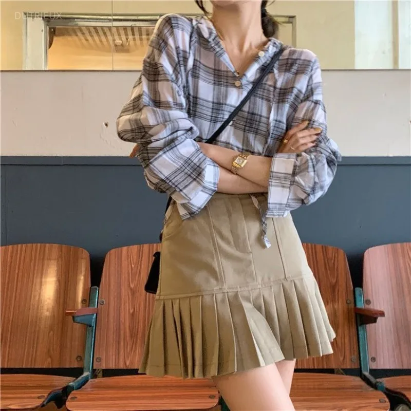 Y2k Pleated Skirts Women Solid Spring Autumn Versatile Mini Skirt High Waist Korean Fashion Vintage Faldas Mujer