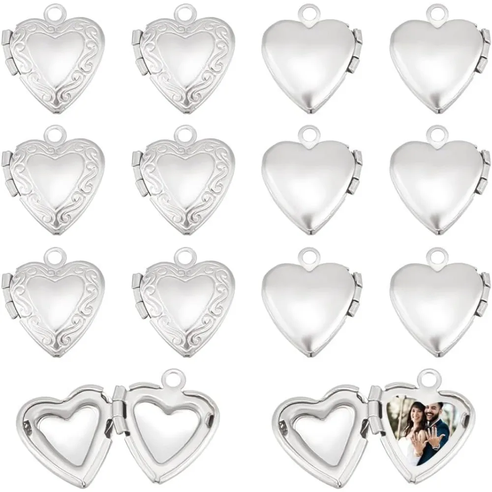 about 24pcs Stainless Steel Heart Locket Pendants Hearts Photo Frame Charms Love Wedding Photo Charms for DIY making kit