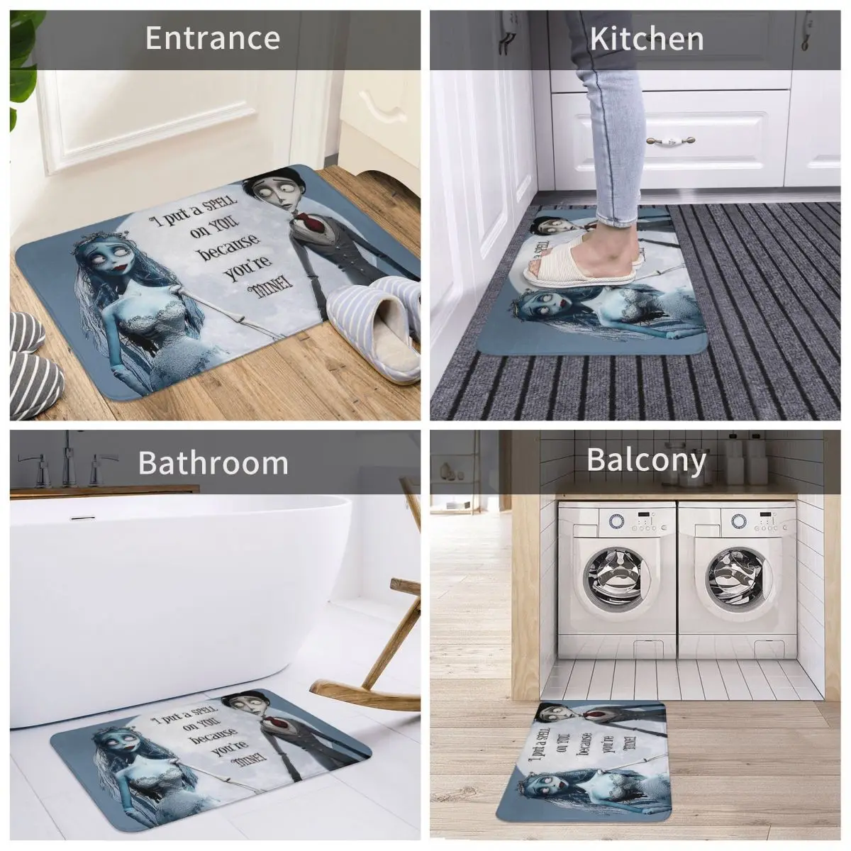 Cartoon Anime Bath Mat Halloween Love Couple Corpse Bride Doormat Kitchen Carpet Outdoor Rug Home Decoration