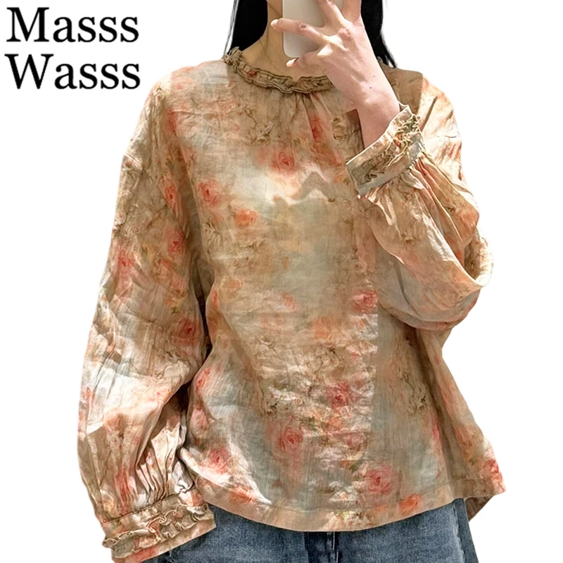 

Женские летние винтажные топы Masss Wasss в британском стиле, модные цветочные рубашки с круглым вырезом, классические повседневные роскошные блузки 2026 года