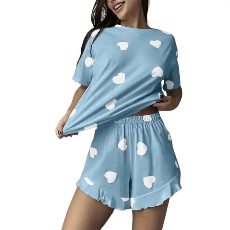 Womens Crew Neck Heart Print Short Sleeve Ruffle Shorts Two Piece Loungewear Set Eco-Friendly