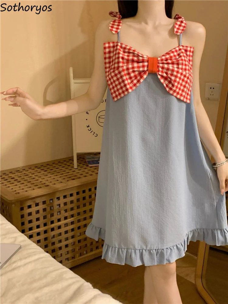 Nightgowns Women Plaid Bow Simple Sleepwear Sweet All-match Autumn Comfortable Home Popular Literary Stylish Korean Style Ladies