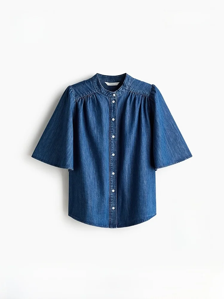 

H&M Summer New Women's Denim Top Loose Fit Pure Cotton Short Sleeve Stand Collar Button Detail Casual Shirt 1328276