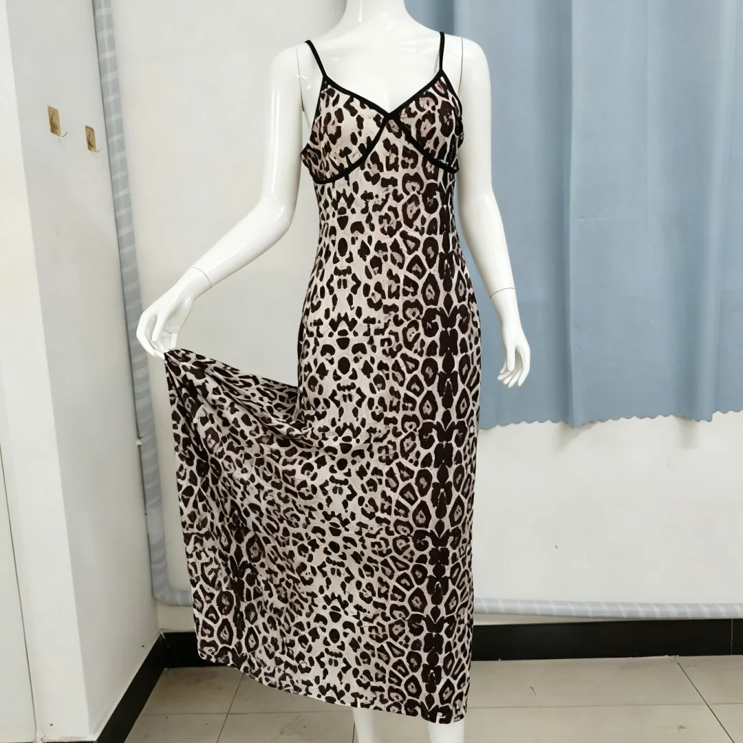 Women’s Leopard Print V Neck Backless Cami Dress Summer Elegant Maxi Long Dress Trendy Outfit For Vacation Night Events