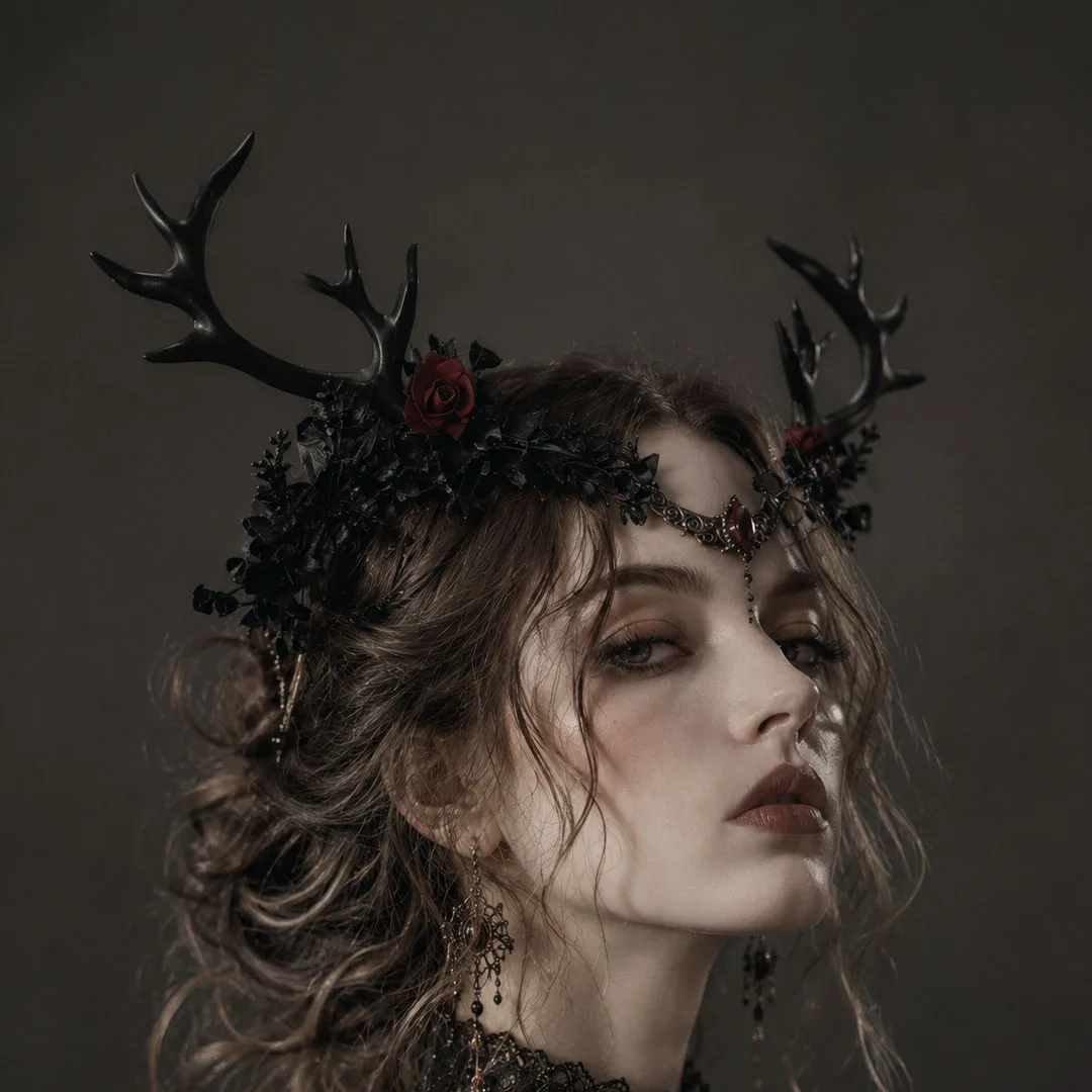 Handmade Black Antler Crown Gothic Woodland Headpiece Vintage Forest Vine Hair Crown Medieval Photography  Adjustable Ribbon