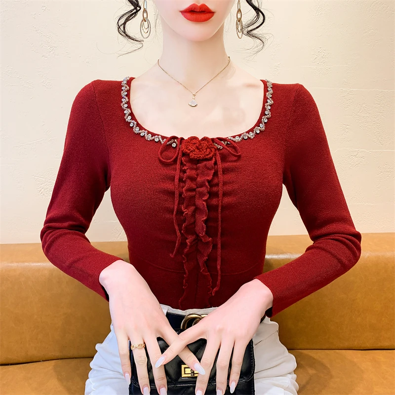 

Autumn Winter 2024 Women's Heavy Embellied Ruffle Collar Knitwear Square Ne Base irt Trendy Korean Sle Slim Fit Long ...