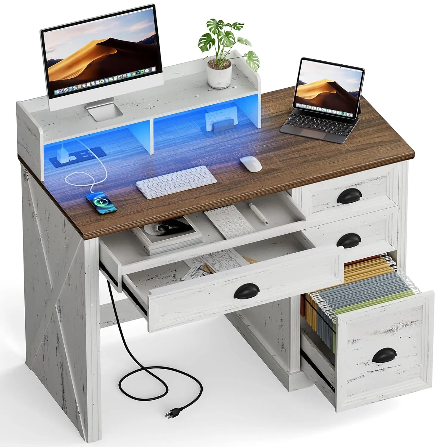 

47in Computer Desk Monitor Stand LED Power Outlets Storage Workstation Gaming Study Table Antique White, Customized