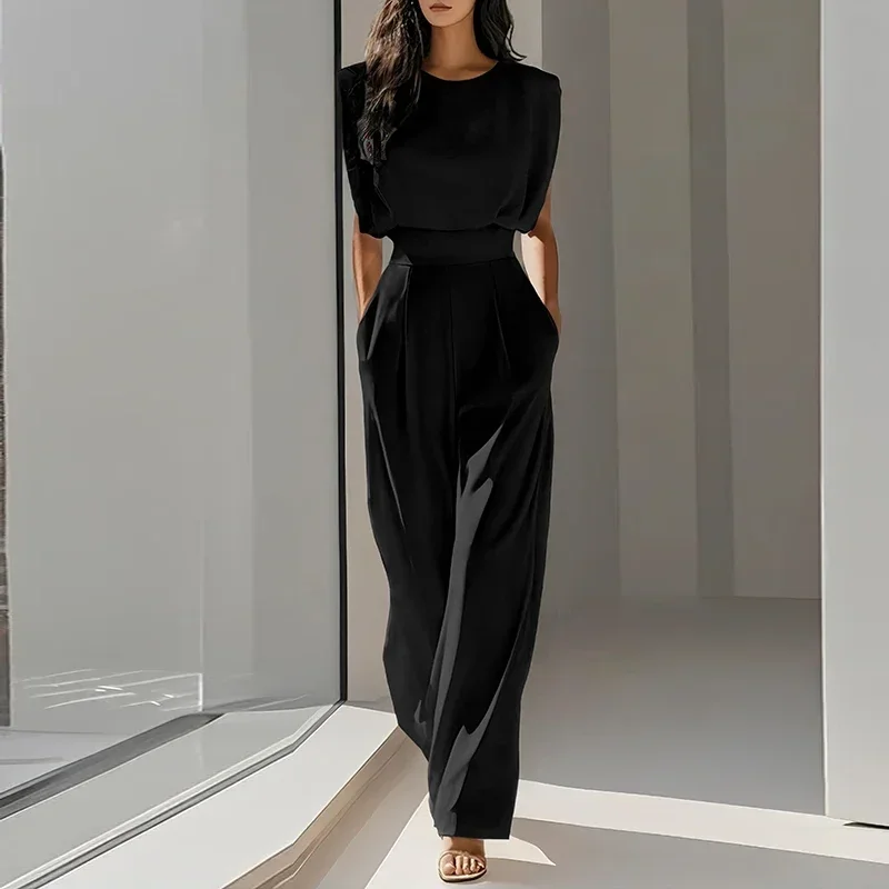 Women's Clothing Trend 2025 Spring O Neck Solid Slim Jumpsuit Elegant High Waist Pocket Office Romper Summer Sleeveless Overalls - Image 6