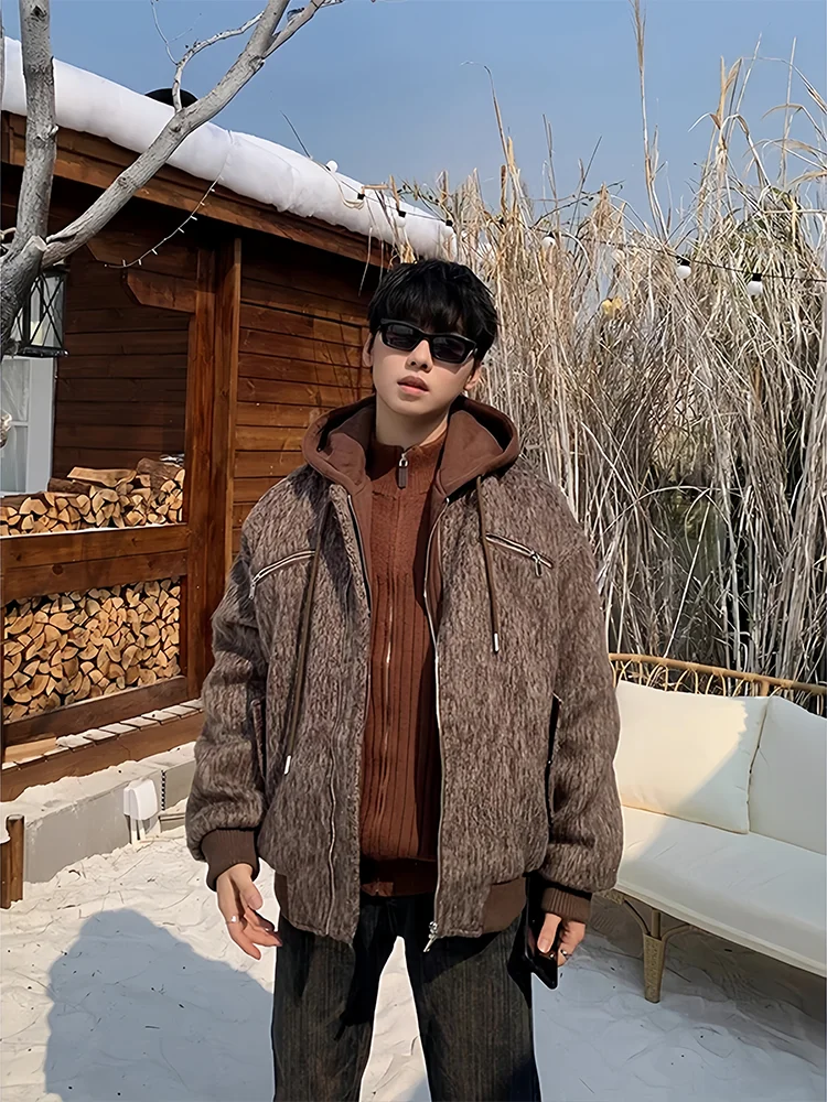 

Men's Thiened Winter Coat Hat Jaet ort Cotton Clothes Warmth Youth Casual Faion Zipper Closure Hooded Pure Color