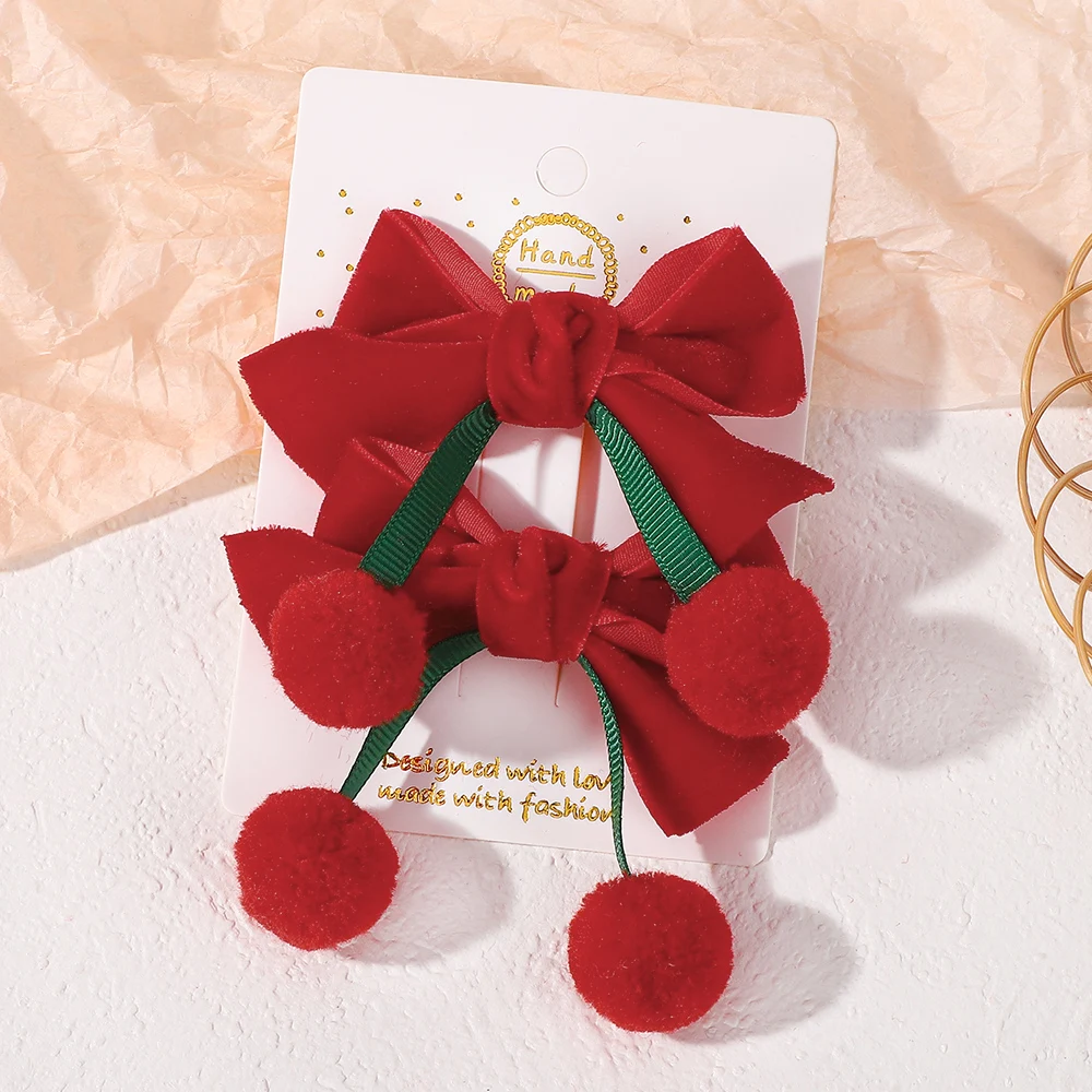 

2Pcs Velvet Bows Hair Clips for Girls Sweet Red Cherry Plush Ball Barrette Trendy Hairpins Kids Ponytail Clip Christmas New Year