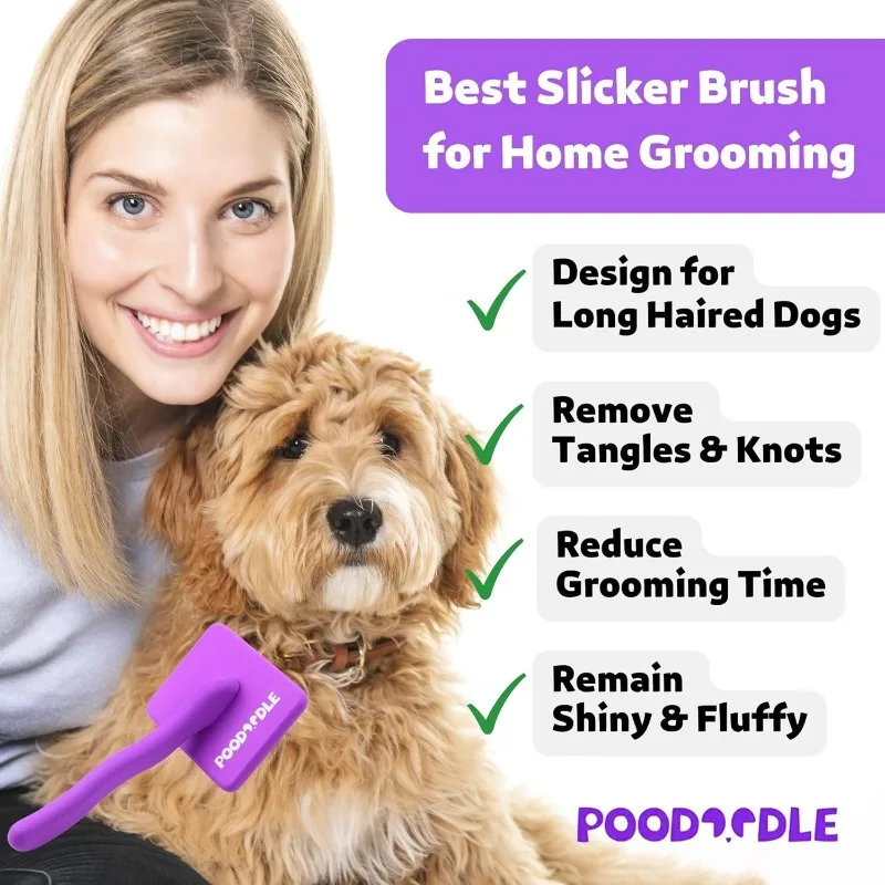 Dog Slicker Brush, Grooming Tool for Poodle, Doodle, Goldendoodle & All Long Haired Dogs, Long Pin Wood Brush Pefect for