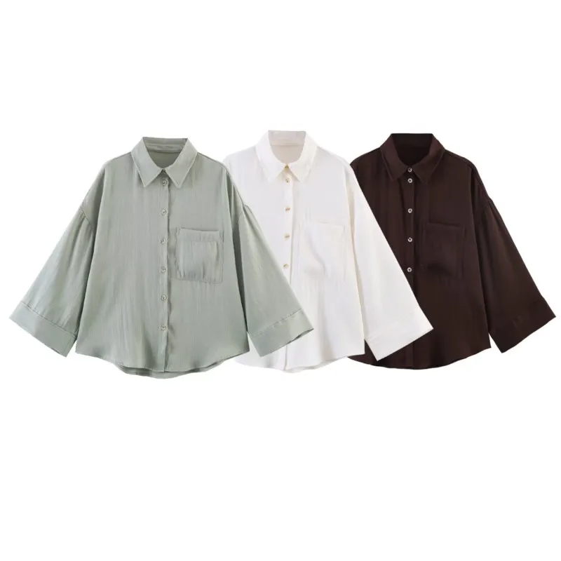 

Women's Oversize Wide Sleeve Shirt Spring Lapel Collar Pocket Women Top With Button Lady Casual Shirts & Blouses