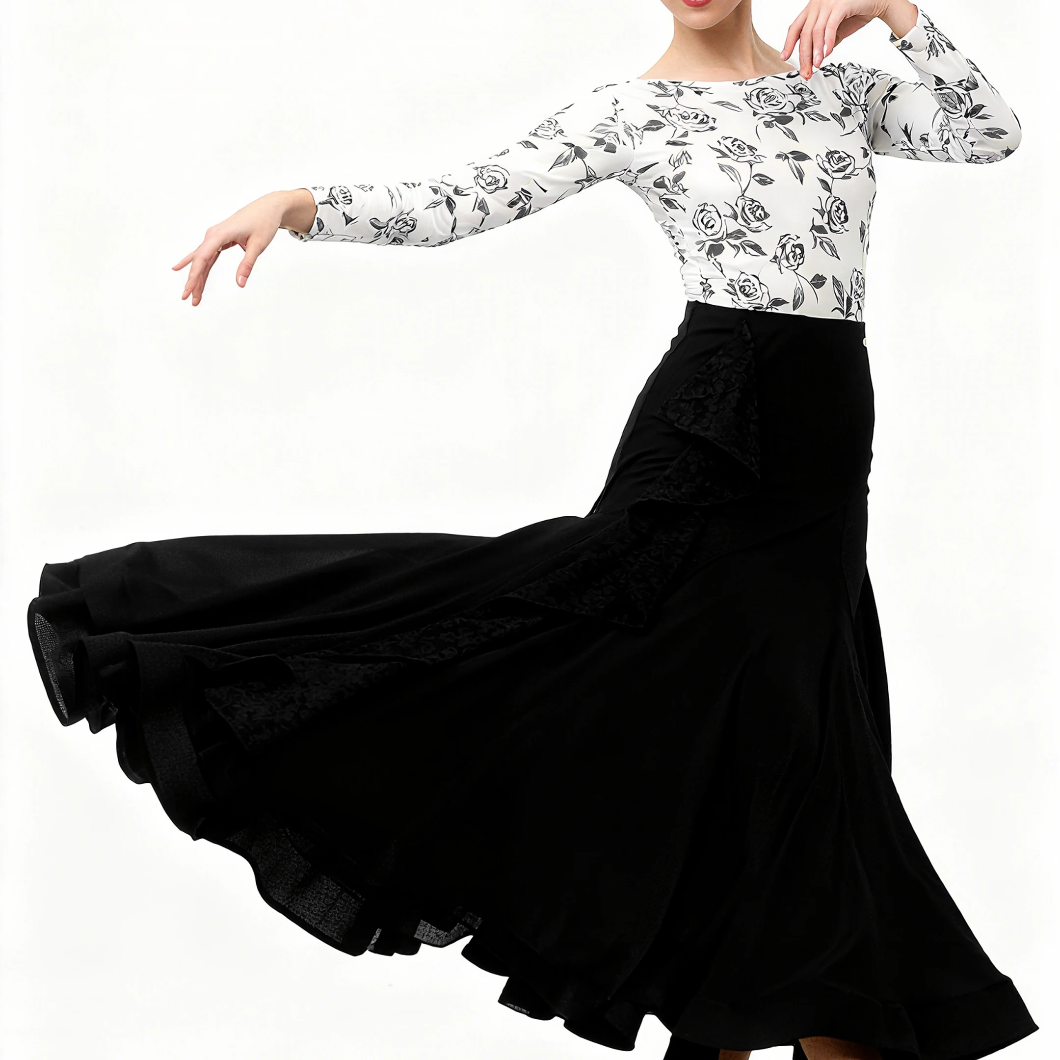 2025 新社交ダンストップス女性のためのプリントワンピース襟シャツサンバチャチャワルツラテンダンス練習服 XH3783