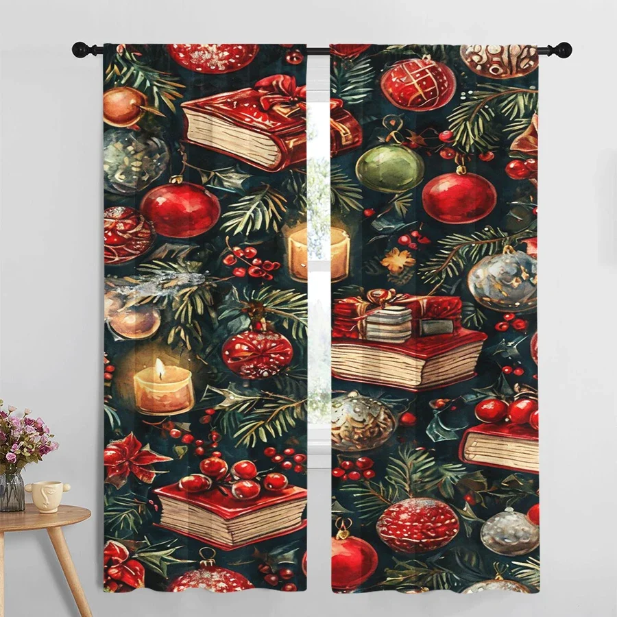 2PCS Christmas Gift Candle Curtains, Watercolor Red Bauble Pine Branch Pattern, Festive Holiday Window Drapes for Bedroom Living