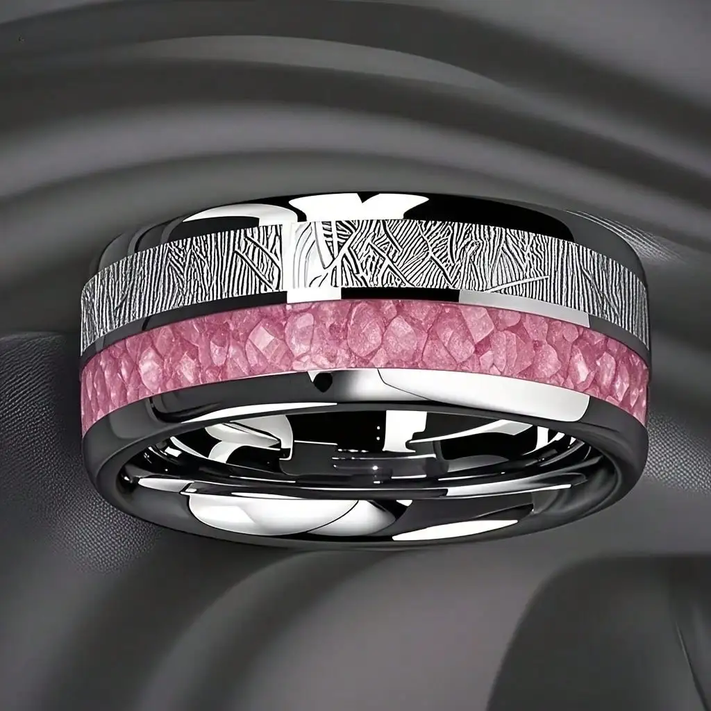 Fashion 8mm Silver Color Men Stainless Steel Rings, Pink Rose Abalone Shell Meteorite Inlay Rings for Men Women, Wedding Jewelry