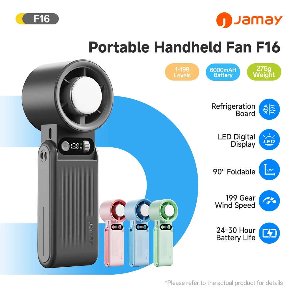 Portable Handheld Fan LED Digital Display With Refrigeration Board 90° Foldable 199Gear Strong Wind Speed 8000mAh F16