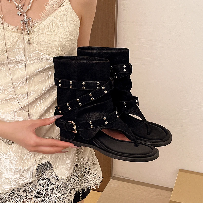 Women's Roman Strap Sandals Short Tube Heightening Summer Fashionable Spicy Girl Leather Boots Microfiber Material Rubber Surfac