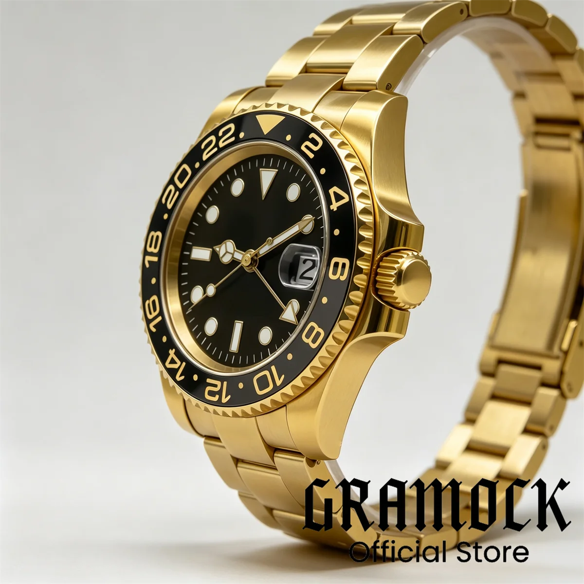 Custom GMT Automatic Watch For Men Full Gold Stainless Steel Bracelet 100M Waterproof Ceramic Bezel Luxury Mechanical Wristwatch
