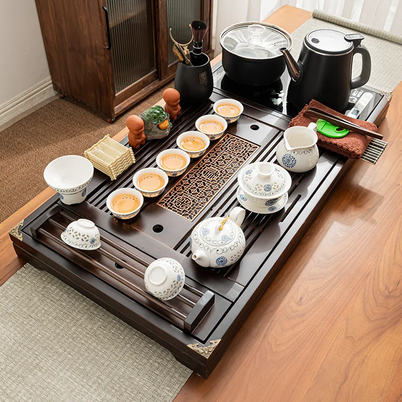 Solid wood with cup holder, tea tray, tea set, household automatic kettle, integrated Kung Fu tea table, complete office