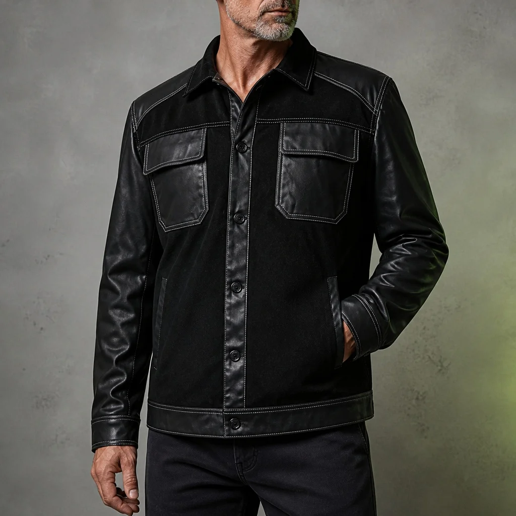 Faux Leather Men's Black Casual Jacket Contrast Stitching Flap Pockets Button Front Street Biker Outerwear For Daily Work
