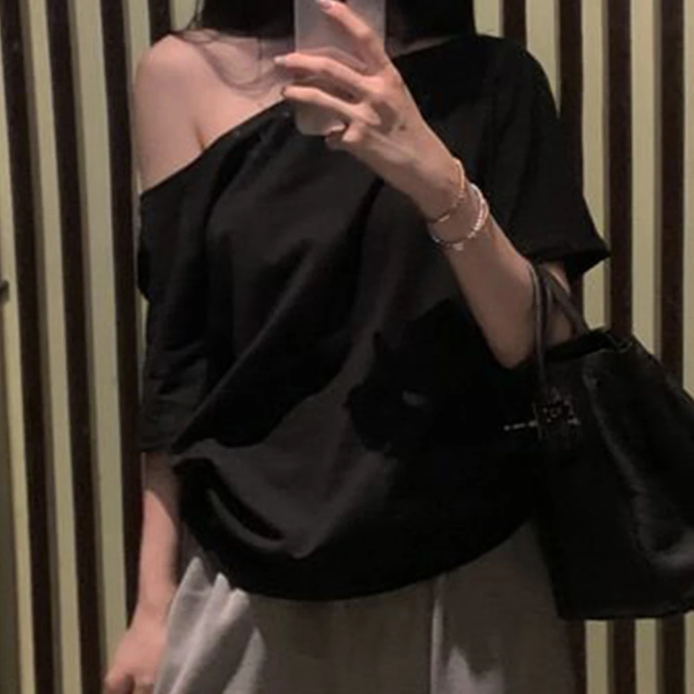 Women Summer Solid Color Loose Off Shoulder Short Sleeve T-Shirt Fashion Casual Top for Vacation Holiday Daily Wear S-2XL