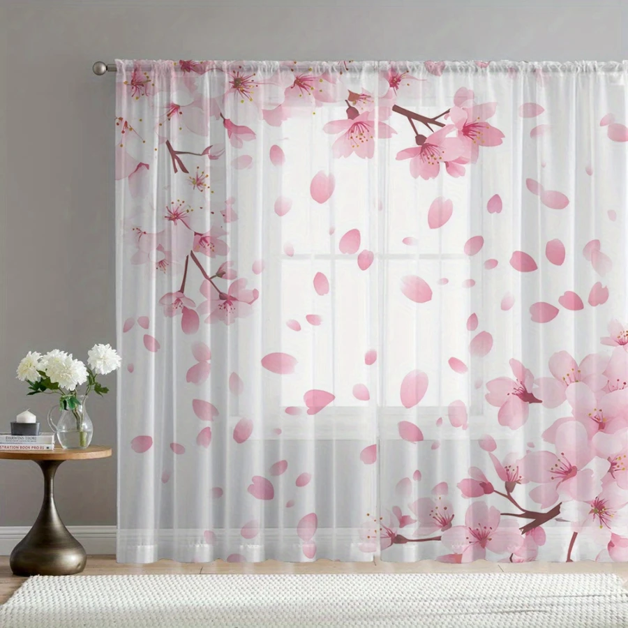 2PCS Digital Print Sheer Curtains, Pink Cherry Blossom Flying, Japanese Sakura Spring for Bedroom Living Room Home Decor