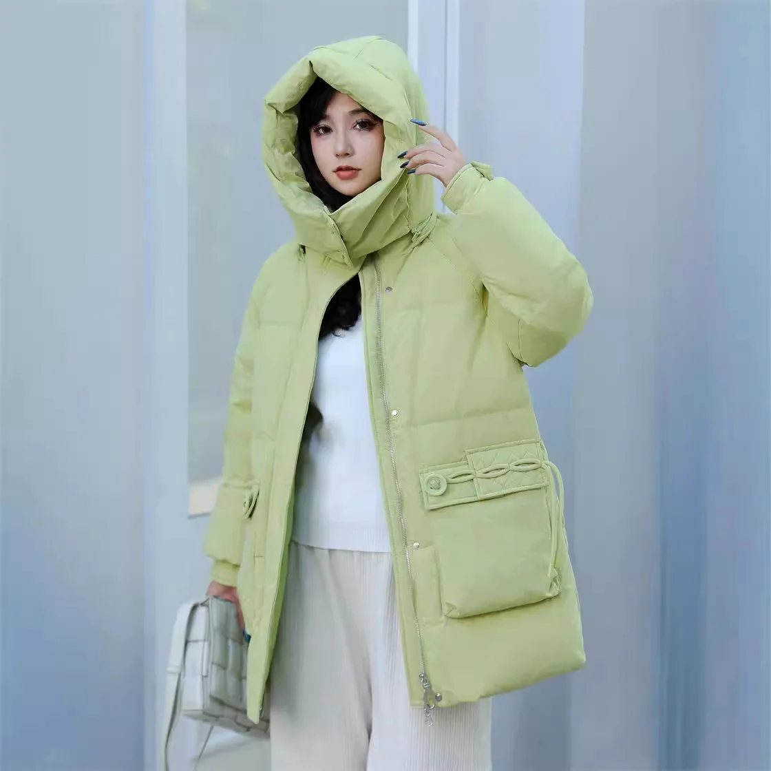 

White Goose Down Jacket Women's Oversized Hooded Thickened Coat Casual Warm down Coat in Medium Length Snow Parka