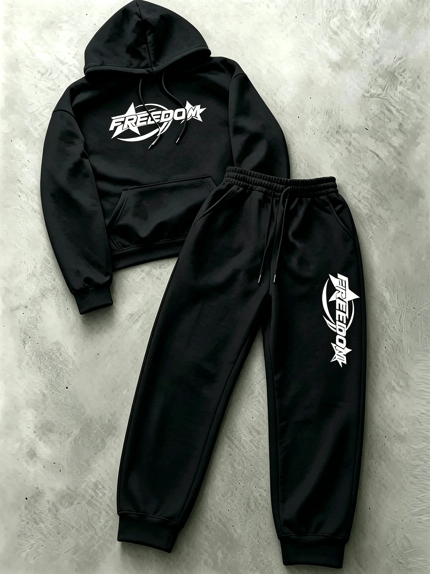 2026 Men Tracksuit 2 Piece Set Autumn Winter Letter Print Hoodie Drawstring Jogger Pants All-match Casual Sportswear Outfit