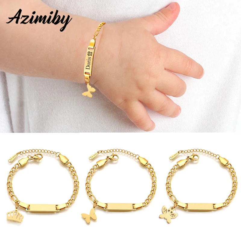 Azimiby Custom Name ID Bar Bracelet Stainless Steel Personalized Baby Boy Girl Name Bracelets Link Chain Safety Jewelry  Gifts